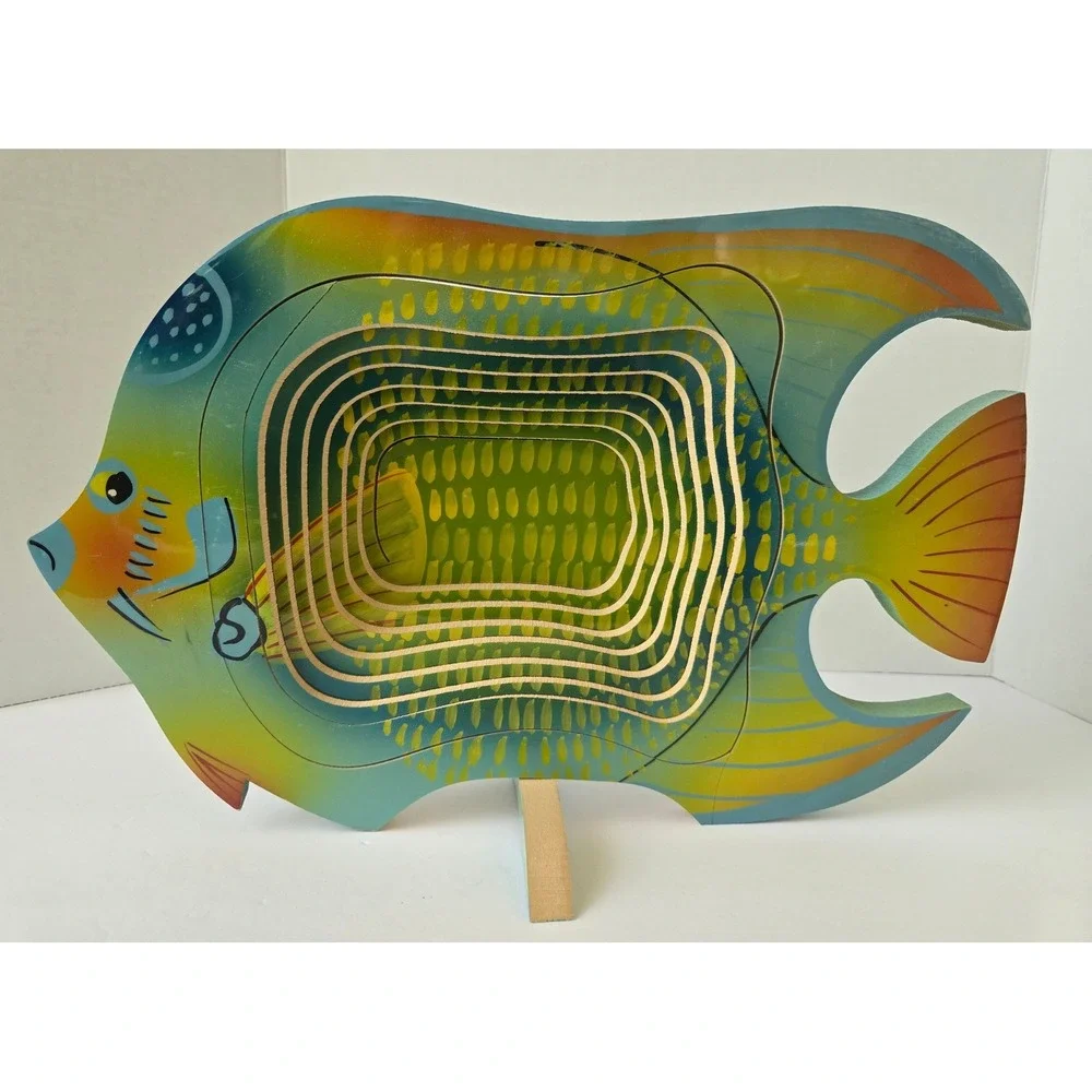 Vintage Hand Painted Wooden Collapsible Fish Basket Tropical Nautical Decor 12in